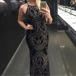Black maxi evening gown with full sparkle overlay